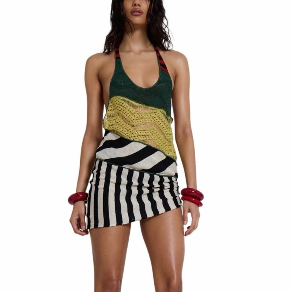 Jaded London Rowa Asymmetric Mixed Knit Dress 2 Colorblock Mini Maximalist NWT